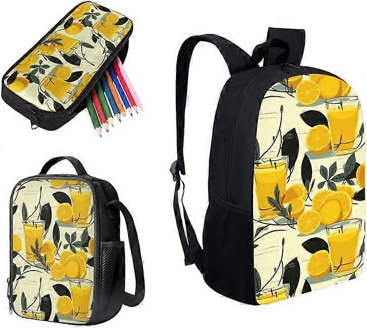 Orange Juice Bookbag and Lunch Box Set Yellow Tangerine Elementary Middle School College Book Bag 3PCS Summer Juice Backpack for Children Students