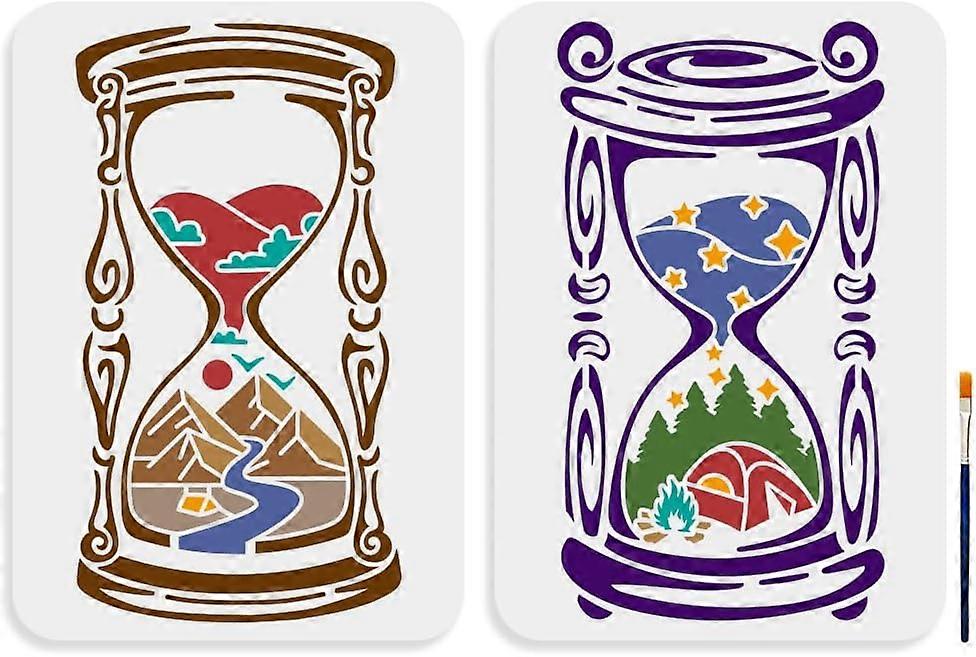 2pcs Hourglass Landscape Stencil 11.78.3inch Large Timer Nature Scenery Stencils with Paint Brush Summer Camping Mountain Forest River Template for Of