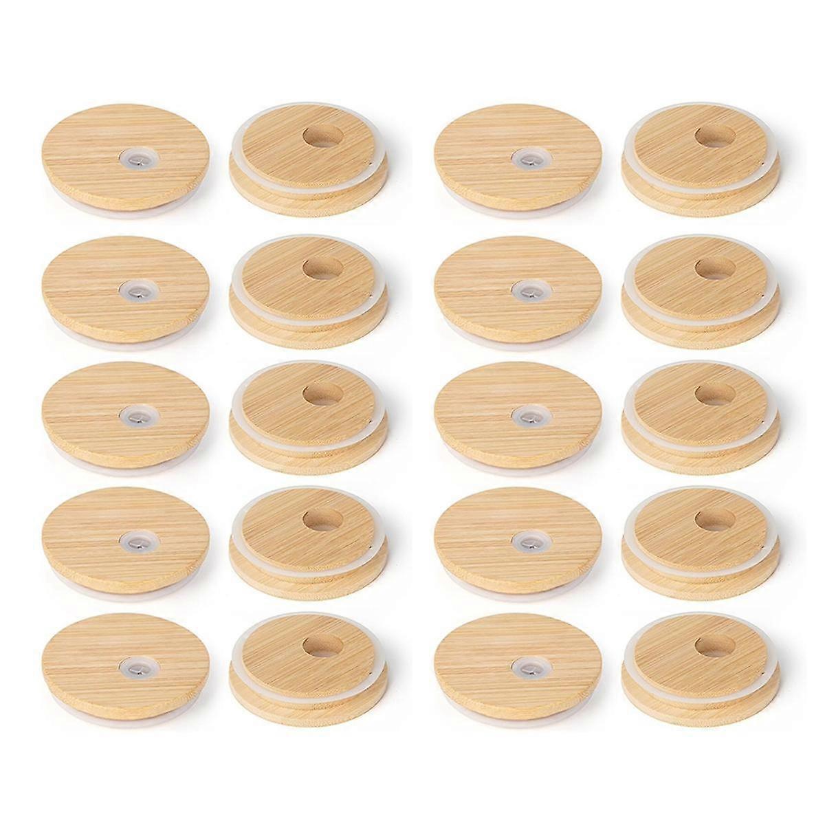 Bamboo Lids with Straw Hole, 2.76inch/70mm Canning Lids with Silicone Ring for Regular Mouth Drinki