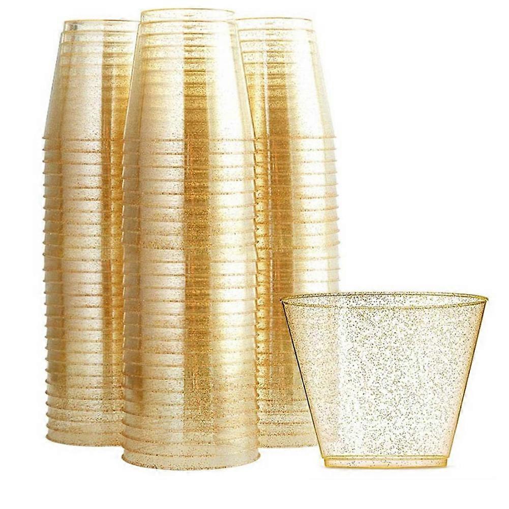 Gold Plastic Cups Clear Plastic Wine Glasses, Fancy Disposable Hard Plastic Cups with Gold for Part
