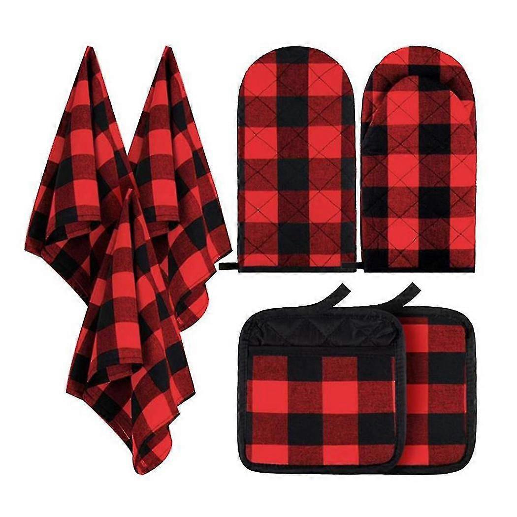 7 Pcs Check Dish Towel Pot Holder Oven Glove Set Non-slip For Cooking