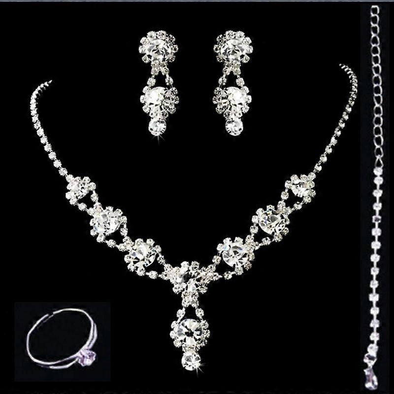 Bride Silver Bridal Necklace Earrings Set Crystyl