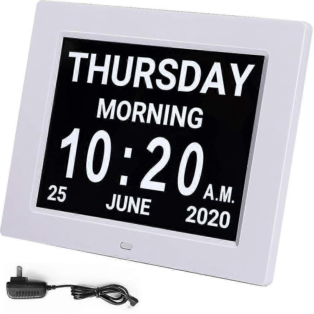 White digital Calendar Alarm Day Clock With 8" Large Screen Display, Am Pm, 5 Alarm, Dementia
