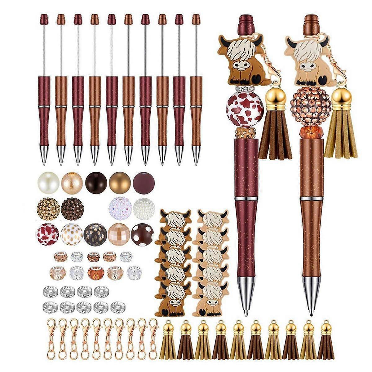 12 Pieces Style Beadable Pens Bulk Bead Pens with 50 Pcs Assorted Colors Beads Pen DIY Making Kit