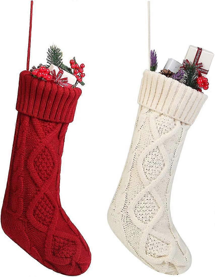Cable Knit Christmas Stockings Kits Solid Color White Ivory Classic Decorations 18", Set Of 2
