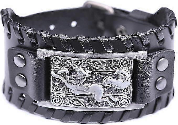 Celtic Knot Viking Fox Leather Cuff Bracelet Adjustable Blac