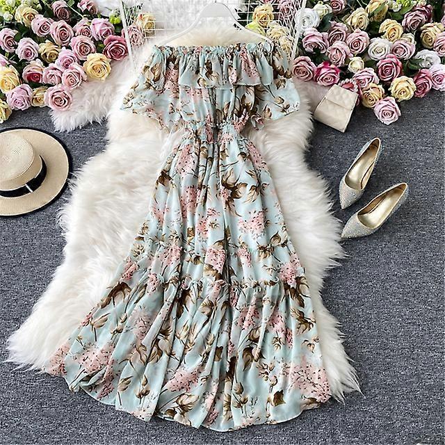 女性ワンショルダービーチサマードレス花半袖ハイウエストシフォンドレスプリントホリデーvestidos女性服-ライトグリーン、フリーサイズ