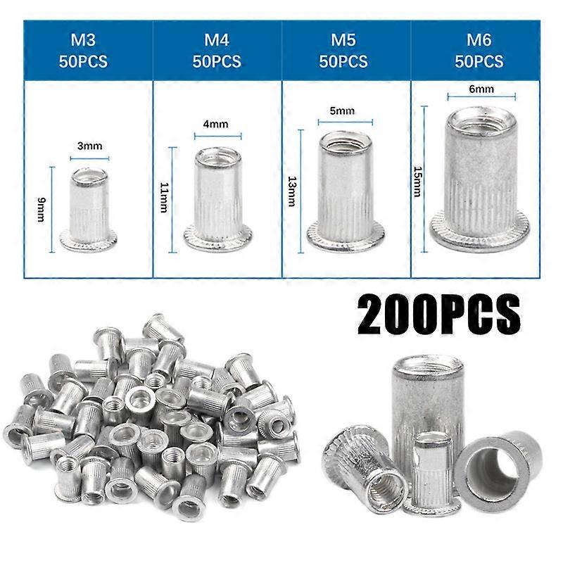 200PCS Aluminum Alloy Rivet Nut M3 M4 M5 M6 Flat Head Threaded Rivet Insert Nutsert Cap Rivet Nut Assortment Kit