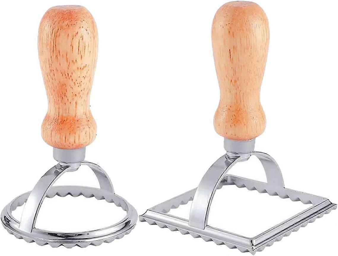 Ravioli Maker Cutter Stamp Set - 2 Pieces Square Round Ravioli Mold, Pasta Maker Mold with Wooden Handle and Fluted Edge