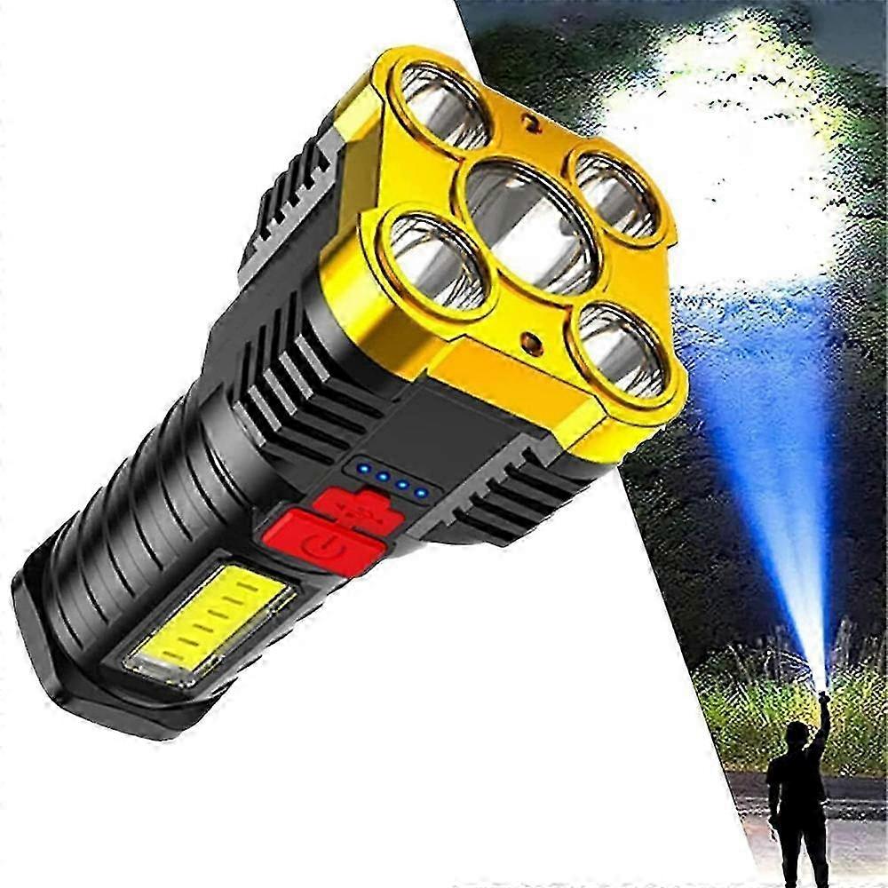 Five-Nuclear Strong LED Flashlight USB Rechargeable Super Bright LED Flashlight with 4 Lighting Modes (Golden)