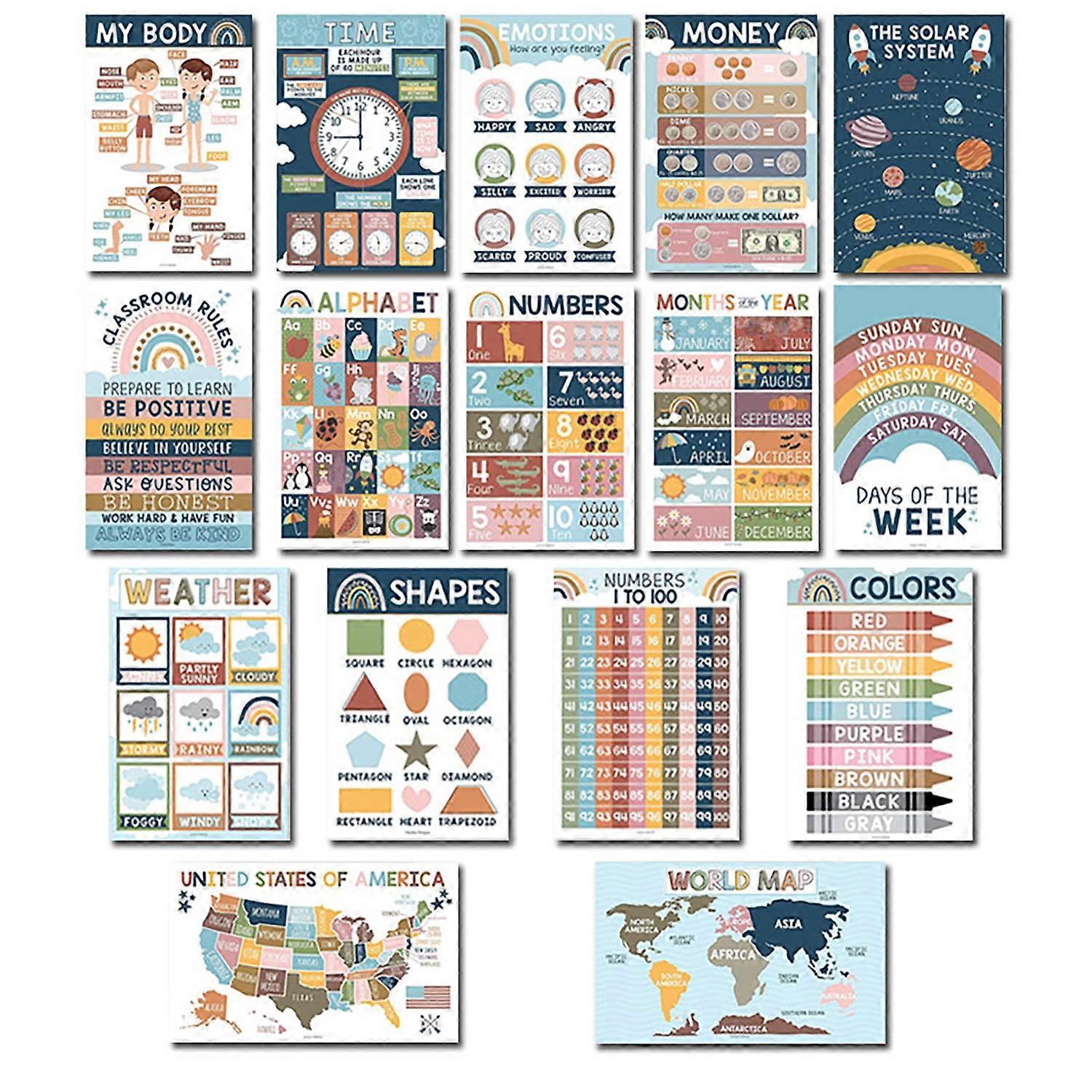 16 Sheets/Set Kids Educational Posters 16 Different Bohemian-Themed Cartoon Pattern Clear Visual