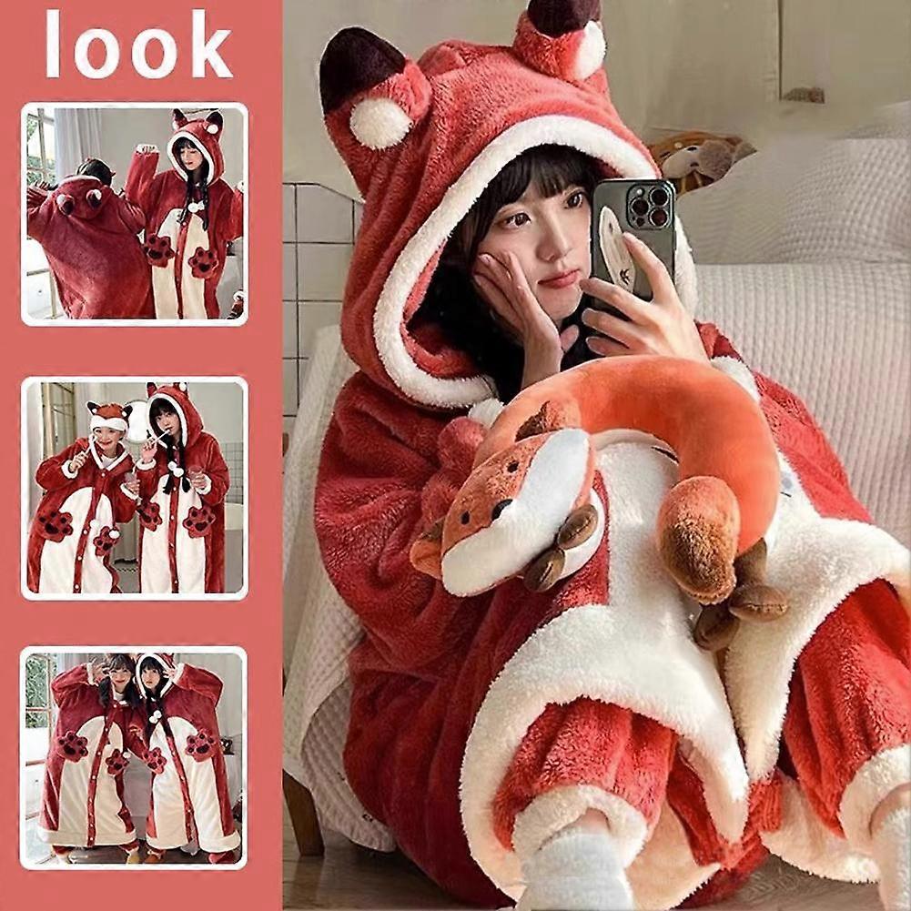 Adorable Plush Cat Pajamas with Paw Prints and Ear Hood, Red and White