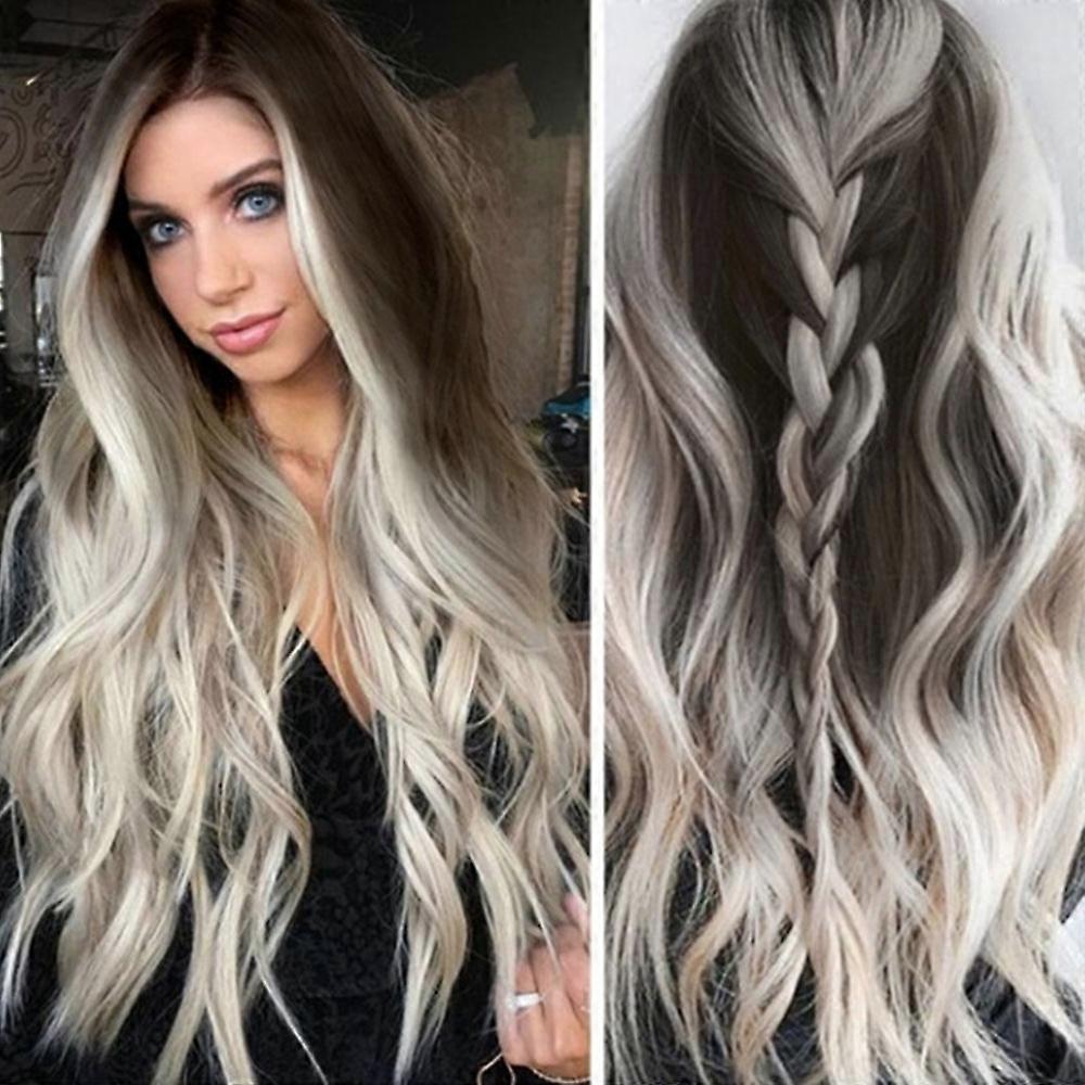 Peruca longa Cinza Branco Resistente ao Calor com renda frontal para mulheres