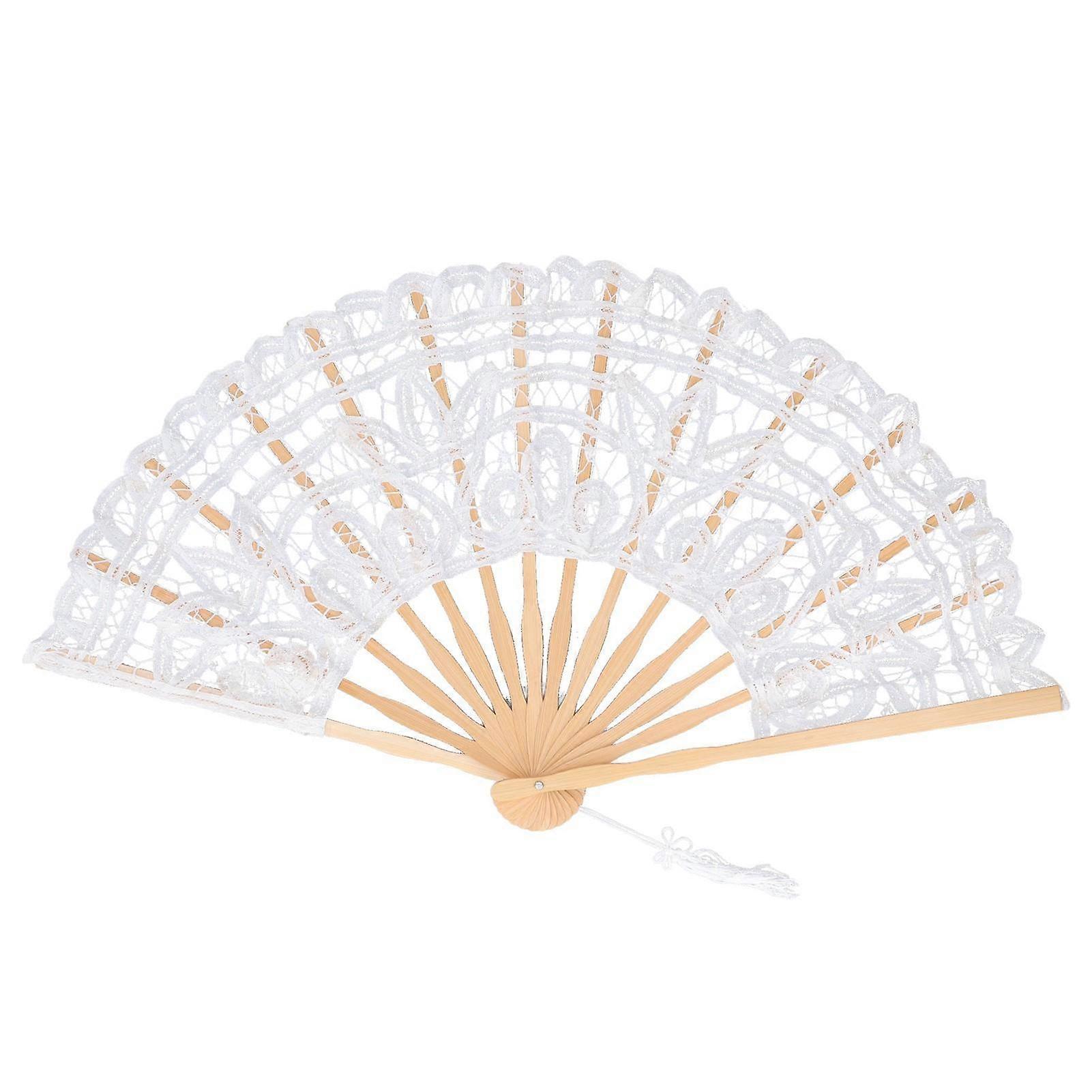 Folding Fan Hallow Lace Bamboo Bones Vintage Style Hand Fan with Tassel for Performance Clothes