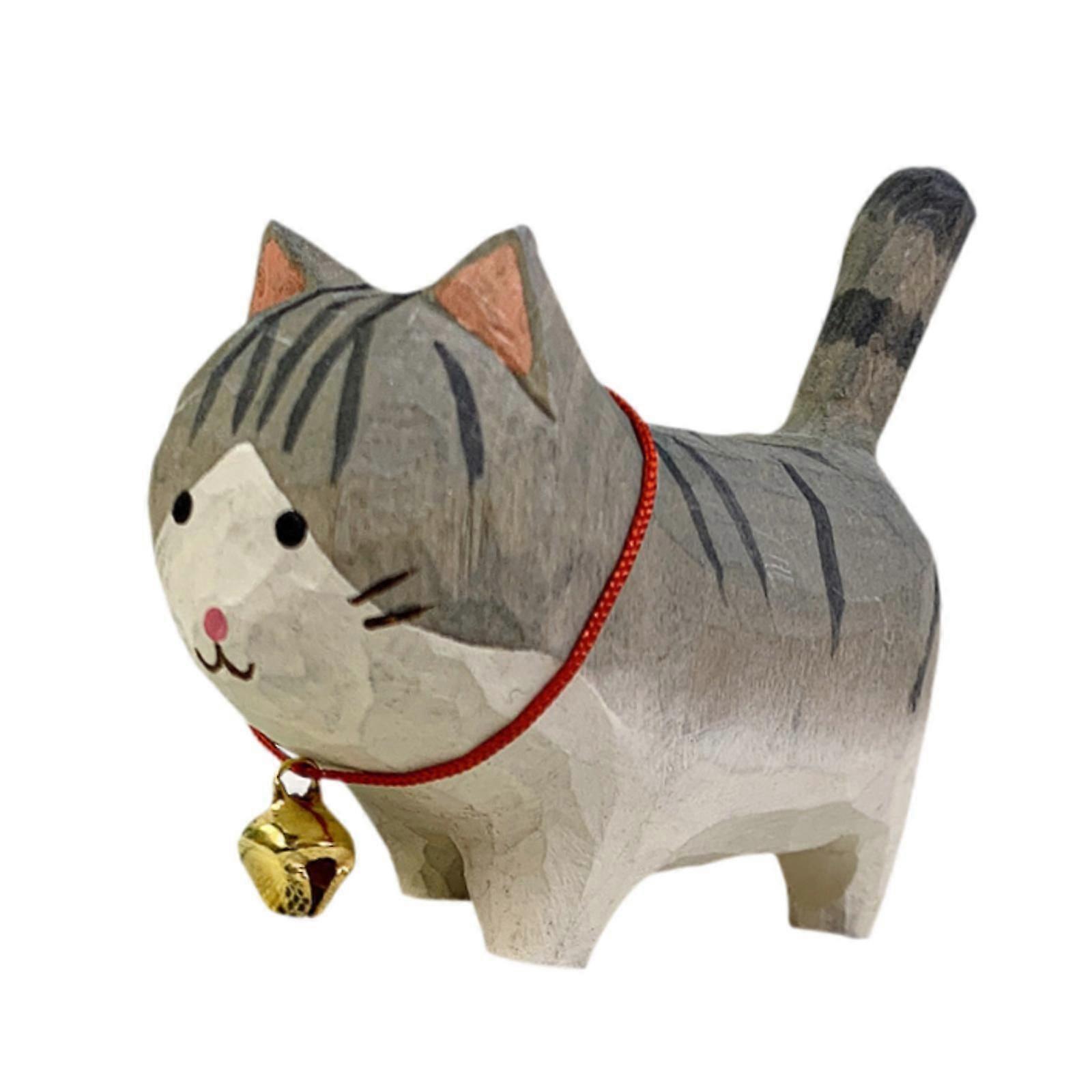 Hand Carved Cat Figurine Modern Art Carving Work for Housewarming Gift Table Light Gray
