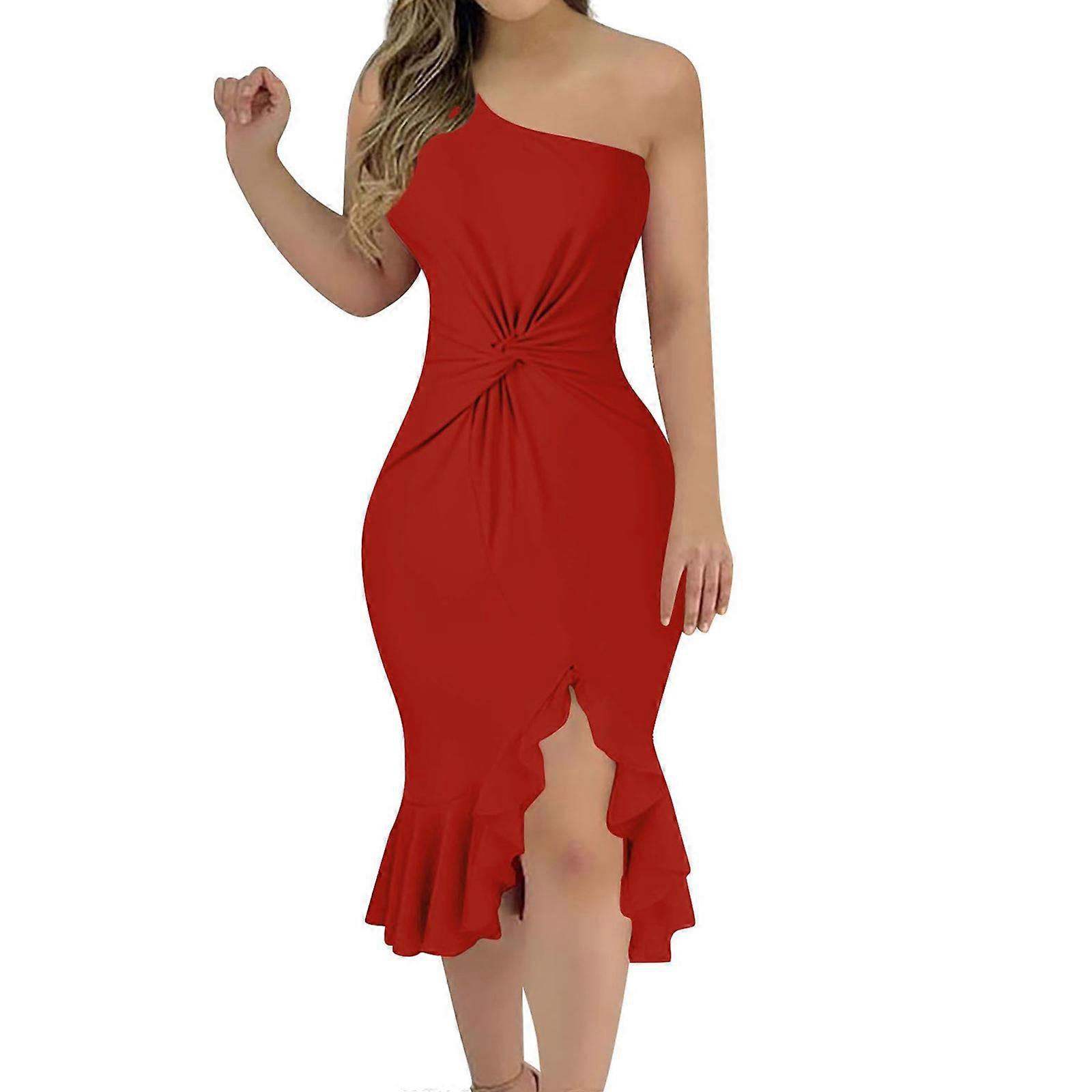 Woman Sexy Bodycon Dress Ruffle Hem Knot Waist Dress Single Shoulder Strap  Nightclub Party Dress Ladies Wedding Dress deep red XL | Fruugo IL