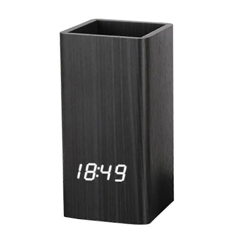 Voice Control Digital Wooden Pen Holder Alarm Clock with LED Display for Desktop Organization and Time Management