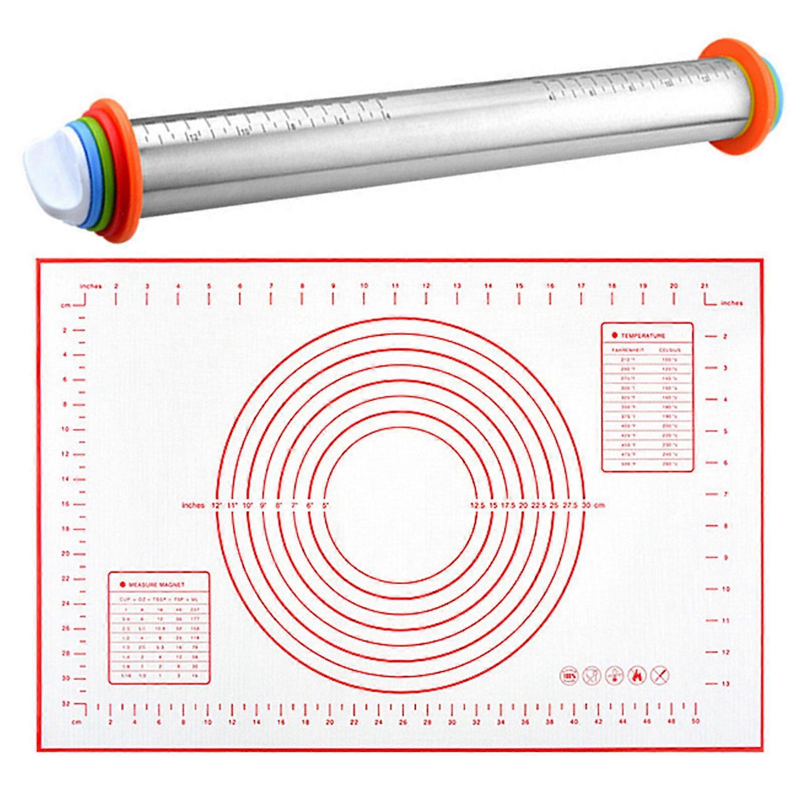17'' Adjustable Rolling Pin & Pastry Baking Mat Set, Stainless Steel Dough Roller with Guide & Scale Kitchen Baking Tool
