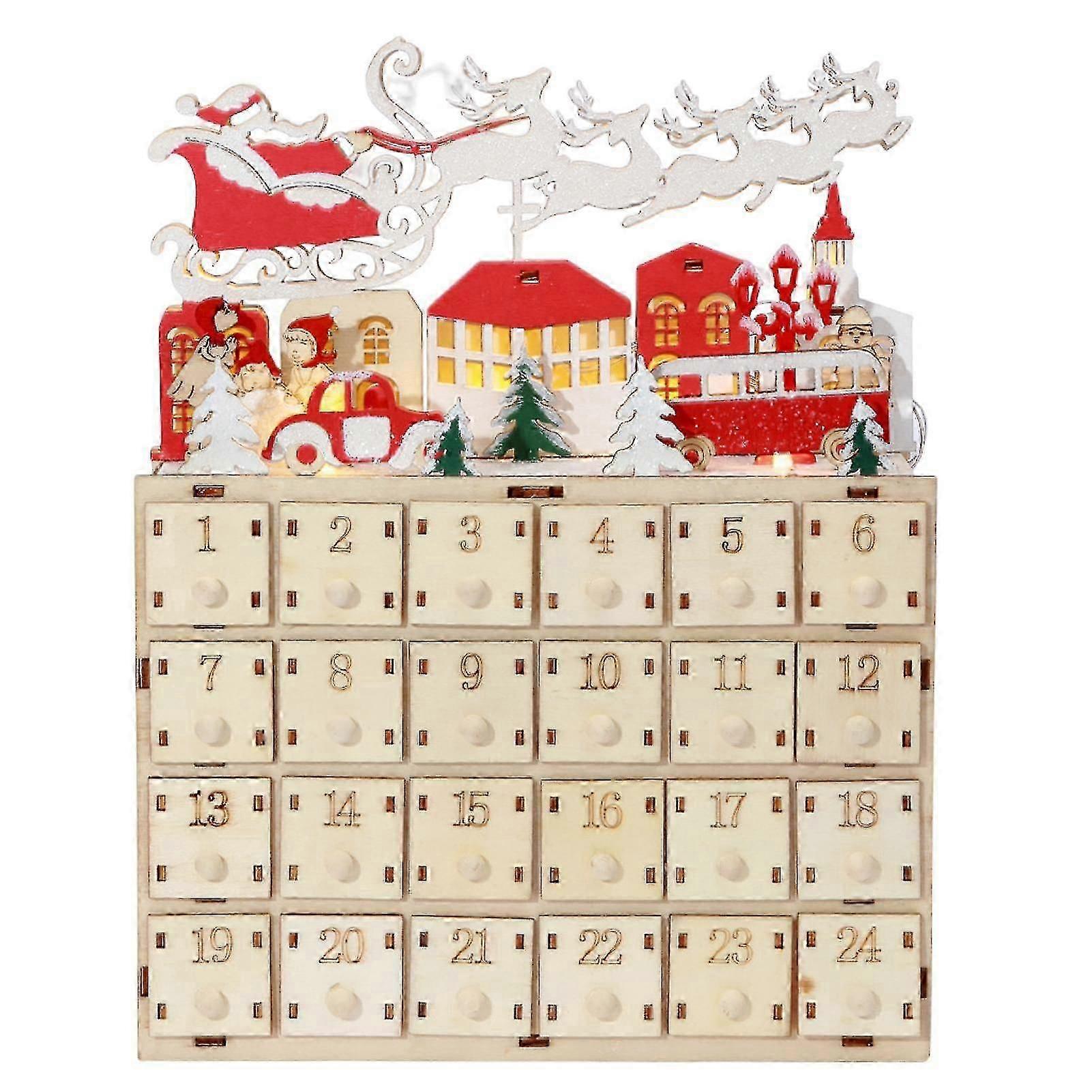 Farfi Χριστούγεννα Advent Ημερολόγιο Ενσωματωμένο led φως δώρα μπαταρία τροφοδοτείται 24 ημέρα αντίστροφη μέτρηση Συρτάρι Σκηνή Διάταξη Χριστούγεννα έλκηθρο Santa Elk Σπίτι Διακόσμηση Ξύλο D