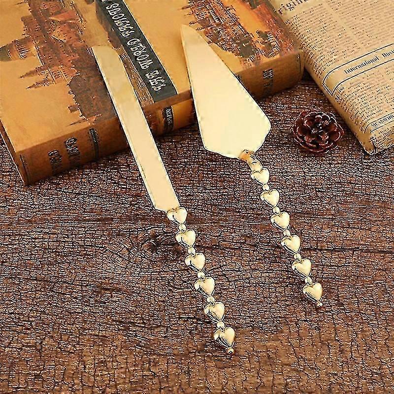 2pcs Golden Heart Shape Handle Cake Cutter and Server Set for Wedding, Party