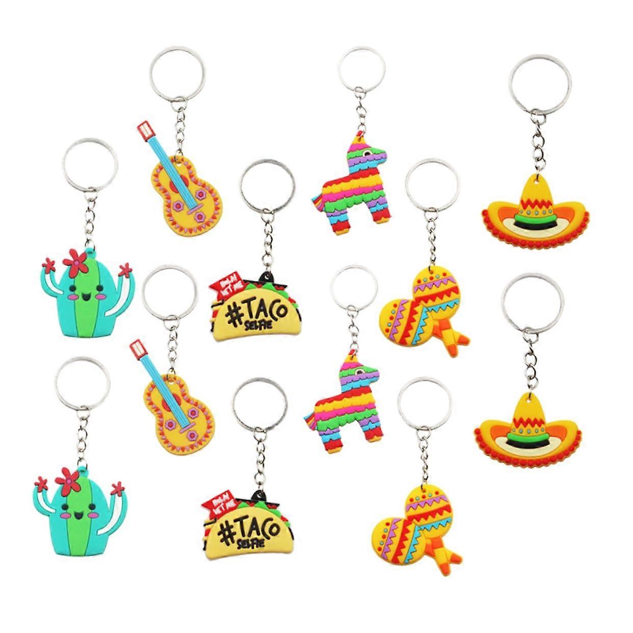 Mexican Fiesta Key Rings Set of 12, Colorful Cartoon Pendants, Ideal for Parties and Backpack Decorations
