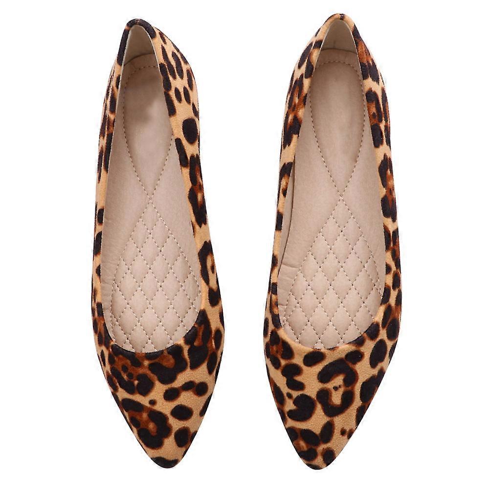 Lady Flat Heeled Shoes Stylish Leopard Print Suede Material Pointed Toe Design Khaki Leopard 1 Pair