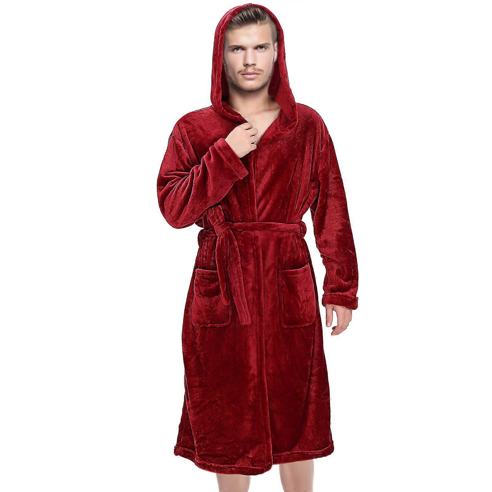 Mens Full Length Towel Robe Bathrobe For Bedroom Use Red Long Hooded Design 1 Set