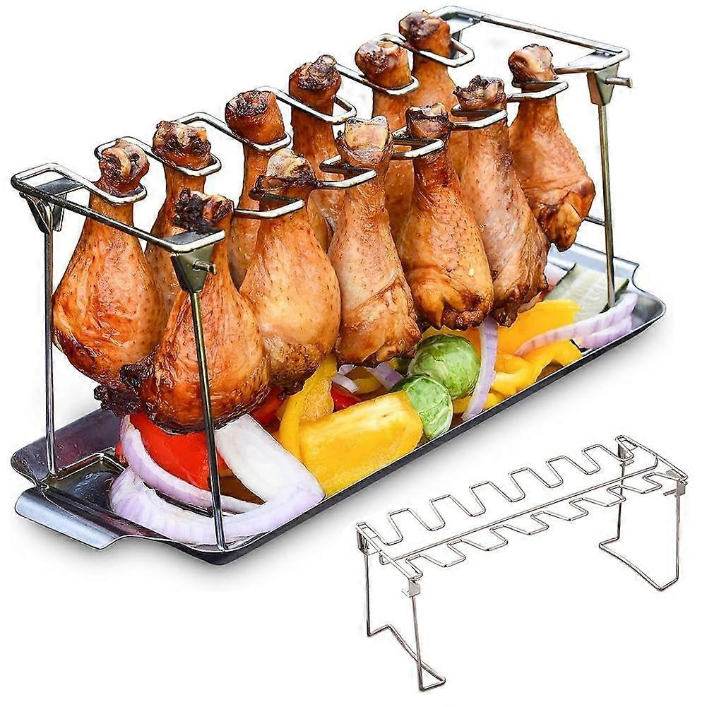 Chicken Leg Rack for Grill with Drip Tray, 12/14 Slots, Stainless Steel, Non-Stick, Compatible with Smokers and Charcoal Grills, Silver 14-Cara