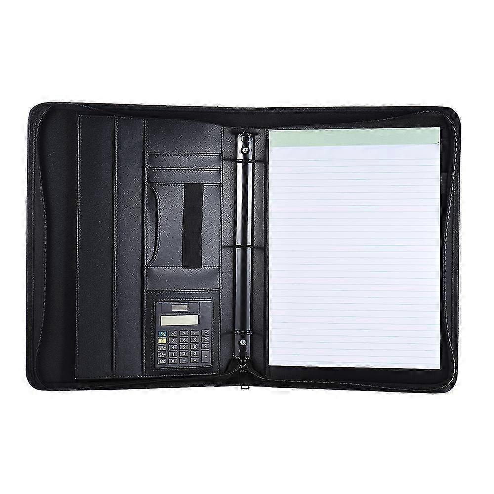 Multifunctional Professional Business Portfolio Padfolio Folder Document Case Organizer A4 PU Leather Zippered Closure Loose-leaf Loop with Calculator