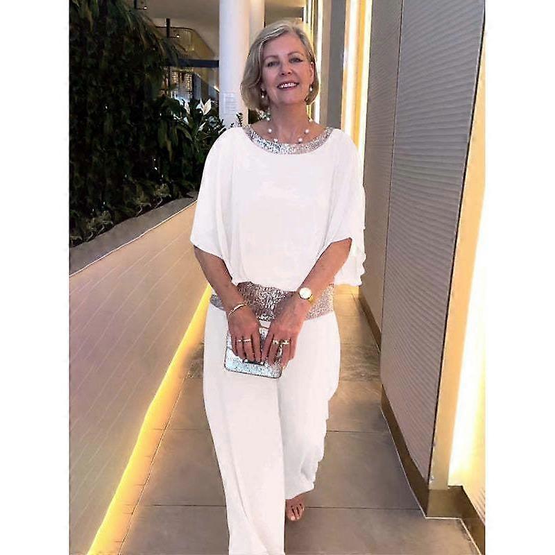 Spring Summer Women's Solid Colour Suit Round Neck Sequins Colour Blocking Bat Shirt Wide Leg Pants Suit