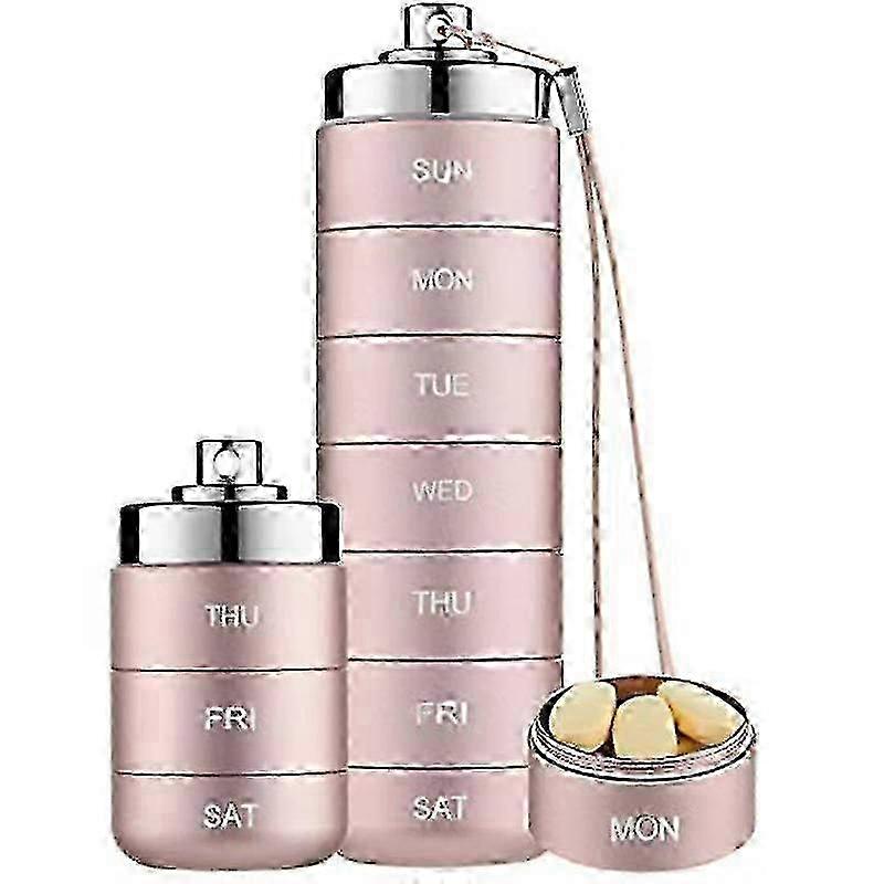 Metal pill storage box, pink, 7 compartments, stackable, waterproof, durable, large capacity