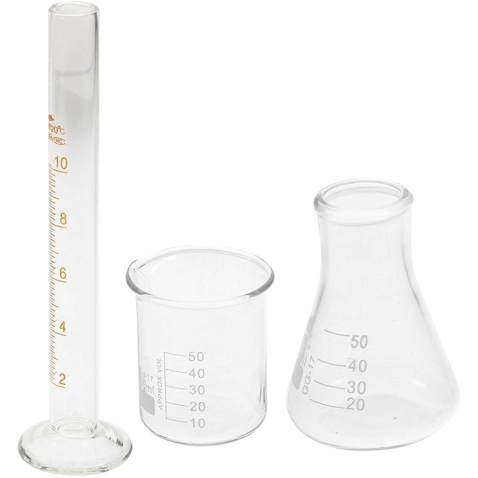 3pcs Lab Supplies Glass Beaker Measuring Cylinder and Conical Bottle