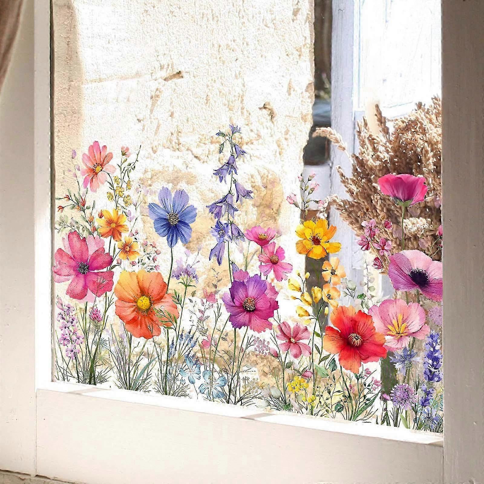 Colorful Floral Blue Wind Chime Window Stickers - Double-Sided Electrostatic Decorative Glass Decals, Removable PVC for Home Decor
