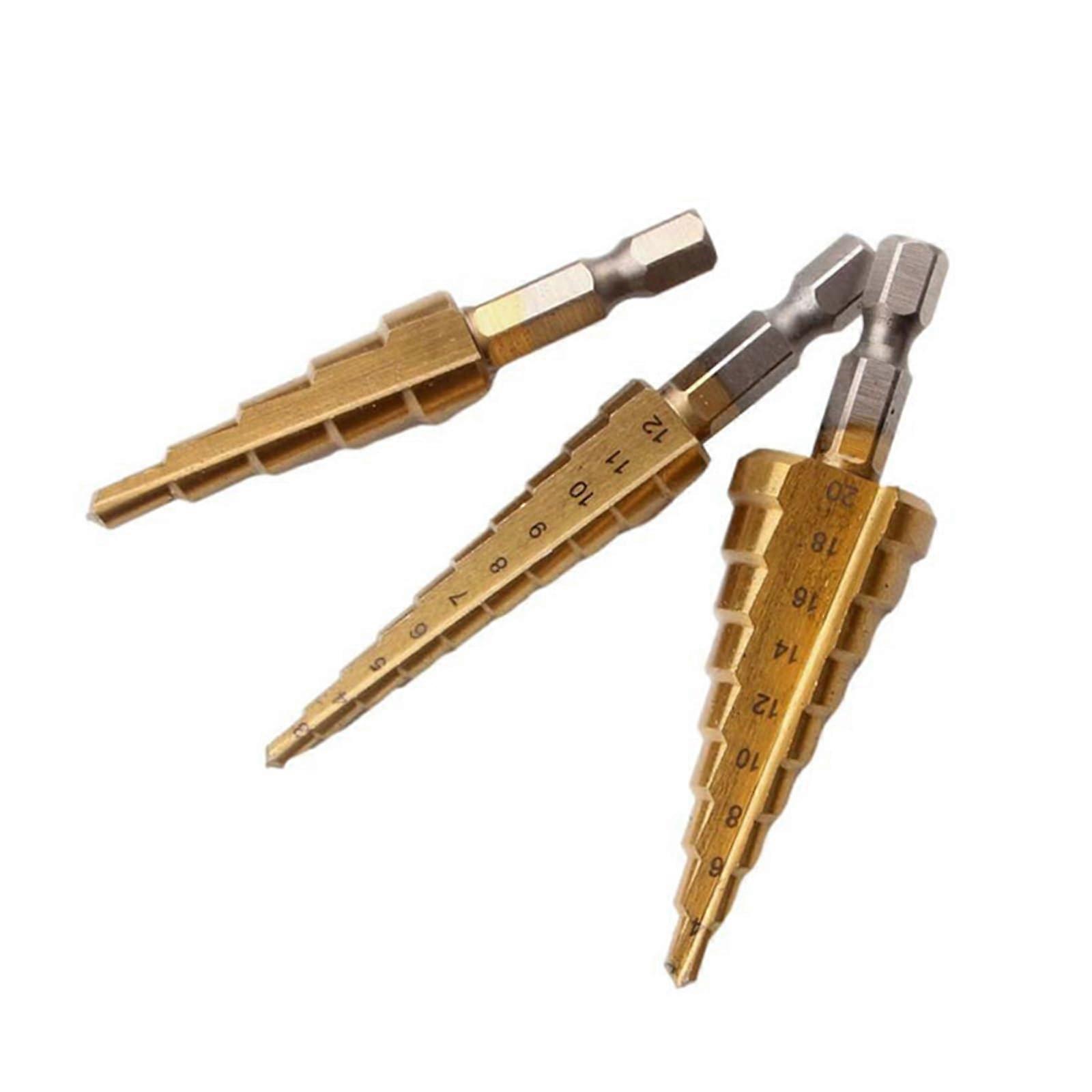 3 pieces 3–12 mm/4–12 mm/4–20 mm speed steel with titanium coating, hexagonal shank, straight flute, ladder drill, pagoda drill.