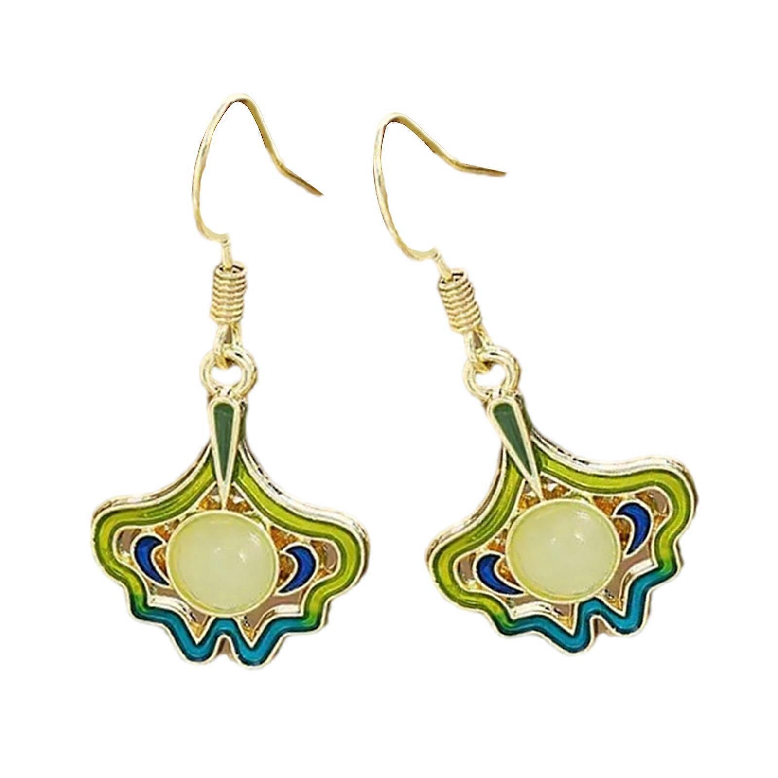 Handcrafted Fan Motif Tassels Drop Earrings Silver Plated Earhooks Anti Tarnish Alloy For Cultural Festivals Formal Event  Green and blue