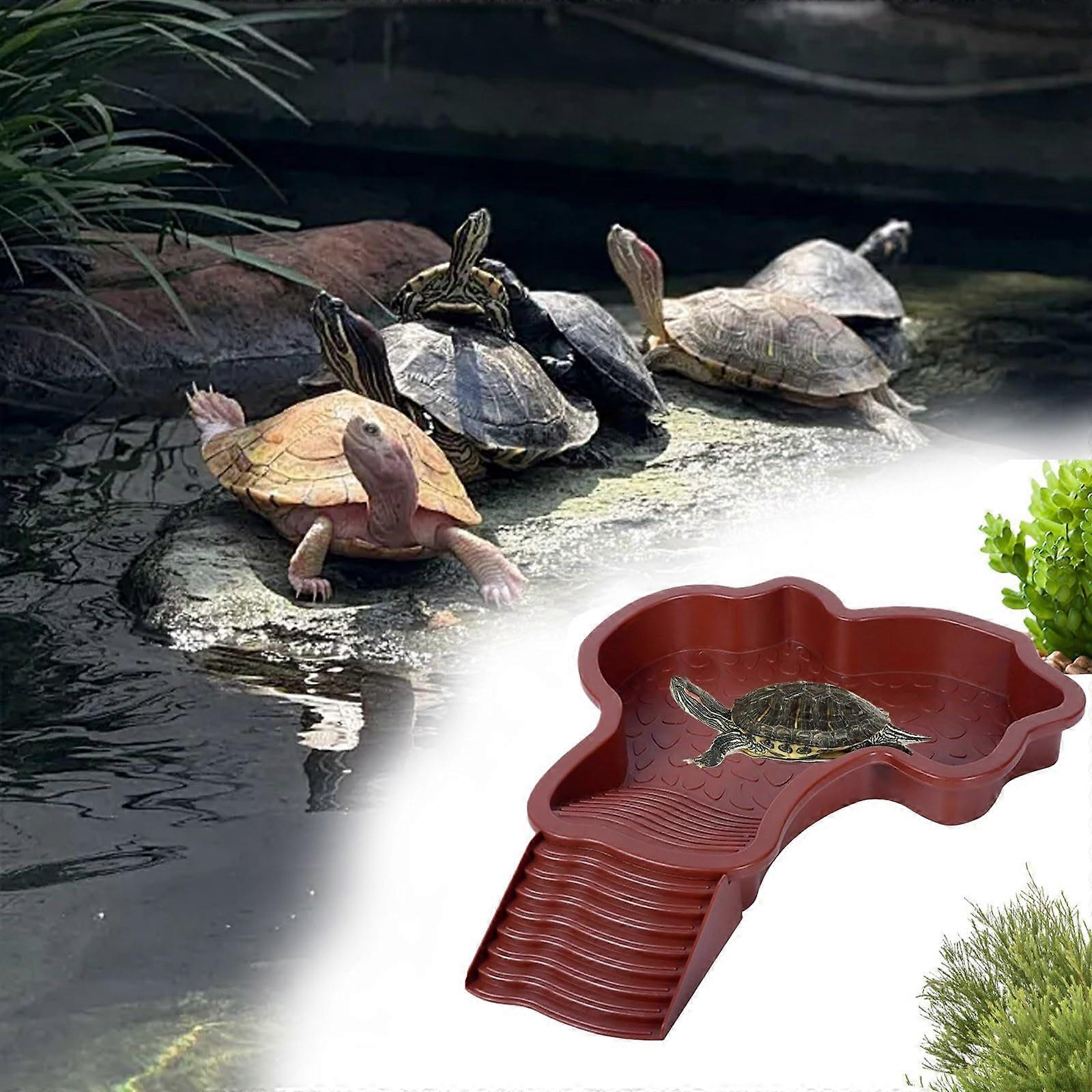 Reptile Bathing Pool With Ramp, Turtle Feeding Dish, For Turtles, Tortoises, Geckos, One Size, Dark Brown