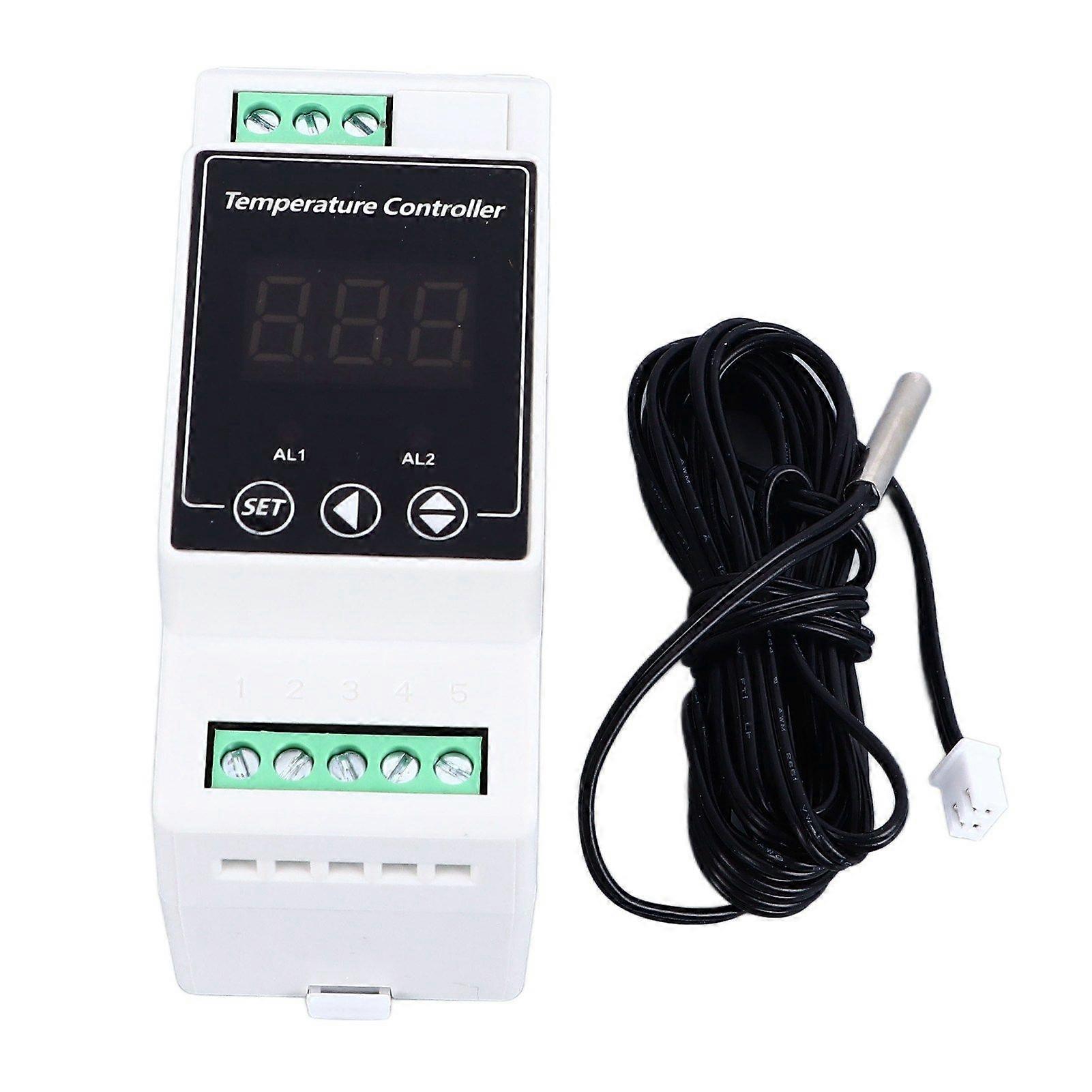Guide Rail Temperature Controller Heating Cooling Digital Thermostat 2 Relays Cylindrical Probe 2 Meter AC100240V