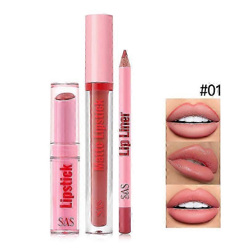 Lipstick Set, Waterproof Matte Lipstick Lip Gloss & Lip Liner Set, 3-in-1 Long Lasting Soft Cream Texture Lipstick Set, Highly Pigmented Velvety Nude