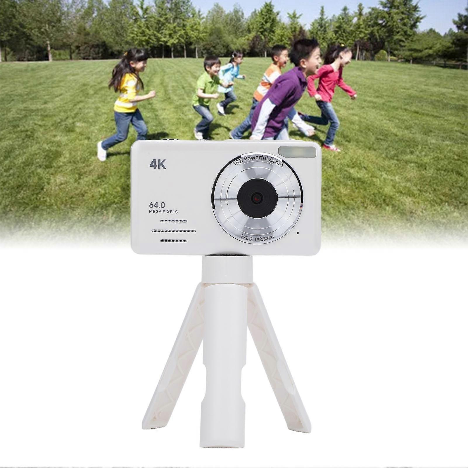 4K 64MP Digital Camera with 18X Digital Zoom Auto Focus Compact Small Camera Multiple Filters Loop Recording Slow Motion Timelapse Photography White 