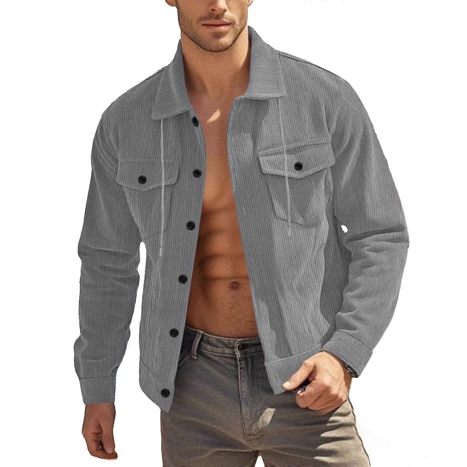 Men's Corduroy Button Down Shirts Casual Long  Shacket Jacket with Flap Pockets Basic Solid Color  Neck Trendy Top  Gray XL