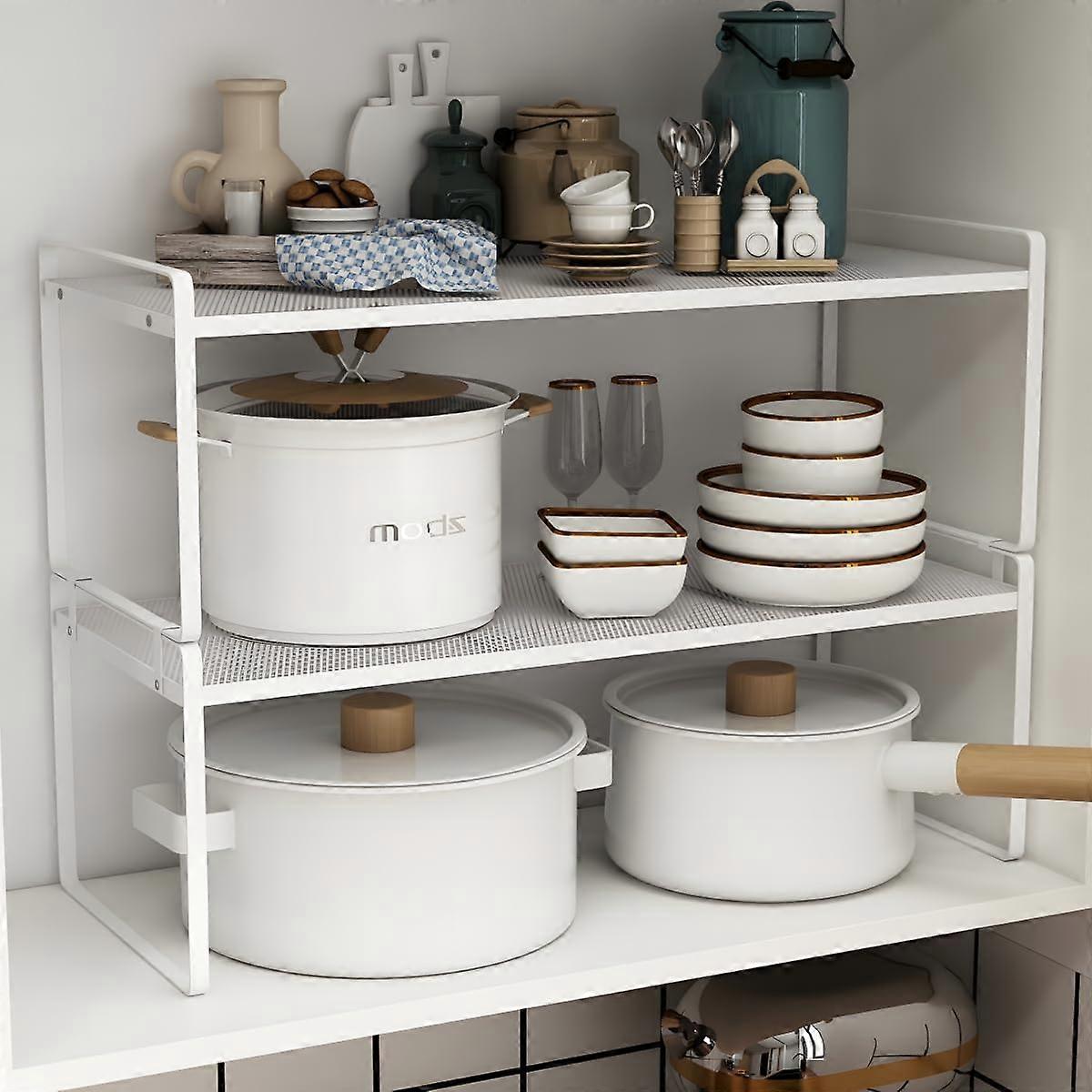 2 Pack Cabinet Shelf Mesh Storage Organizer Stackable Countertop Racks For Kitchen White 16x8.3x9.5in Nonslip Metal