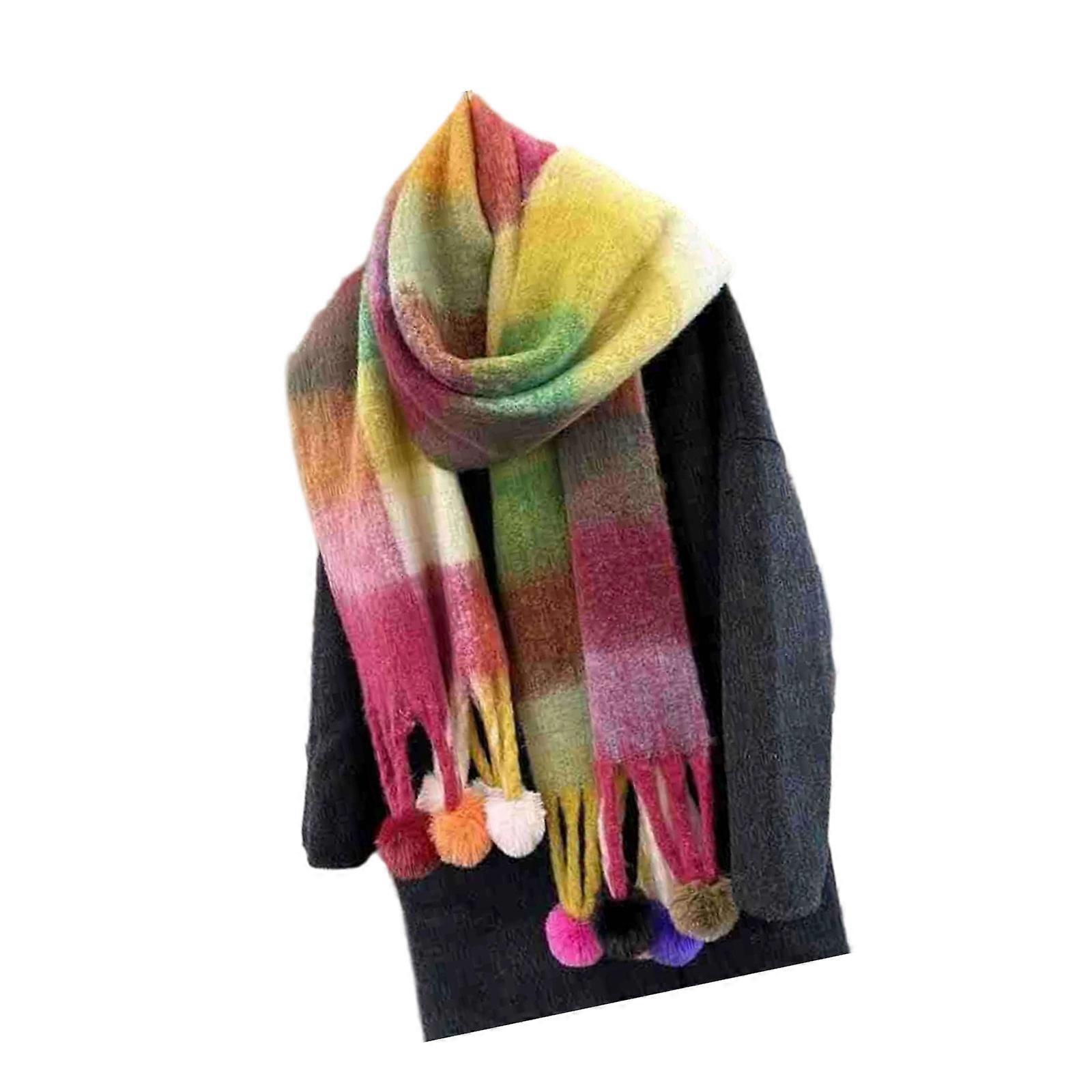 Colorful Plush Faux Cashmere Scarf Thickened Warm Scarf Feature Pulled Wool Texture And Stylish Tassels Design Multicolor