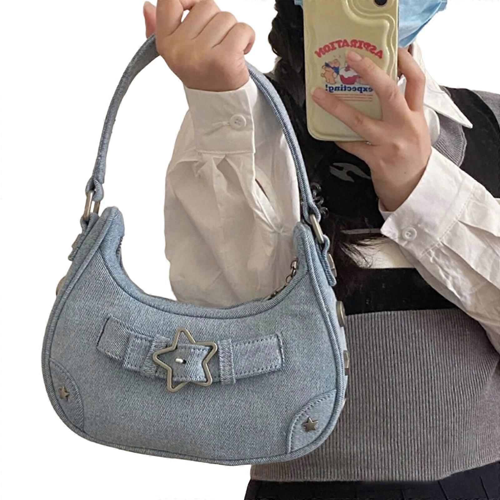 2023 תיק בית השחי חדש תיק כתף כוכב וינטג' לנשים בנות תיק בית השחי טרנדי קיבולת גדולה תיק פנאי אופנתי כחול