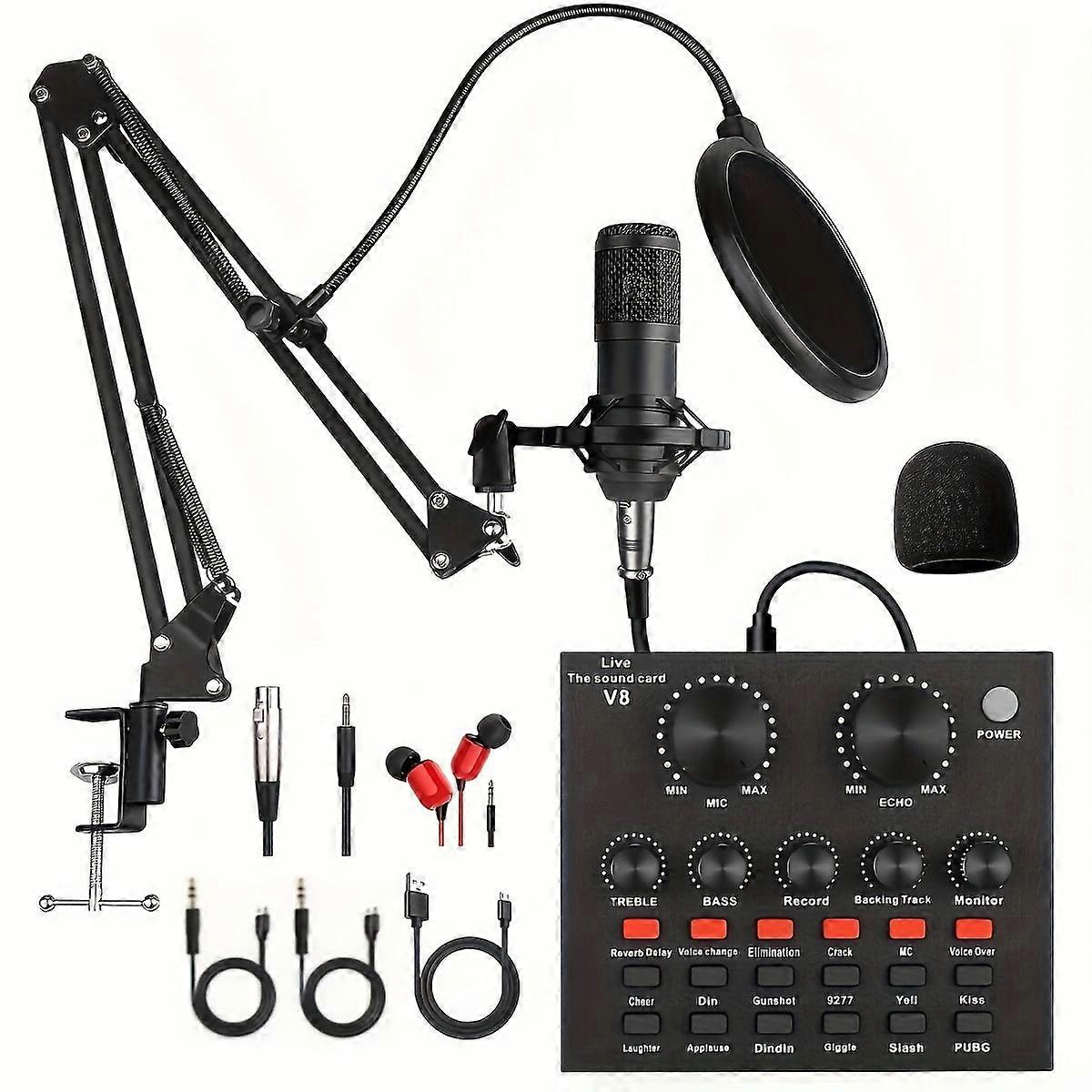 Professional Podcasting Bundle with BM800 Microphone, V8 Sound Card, and Voice Changer - Ideal for Recording, Singing, Streaming, and Gaming