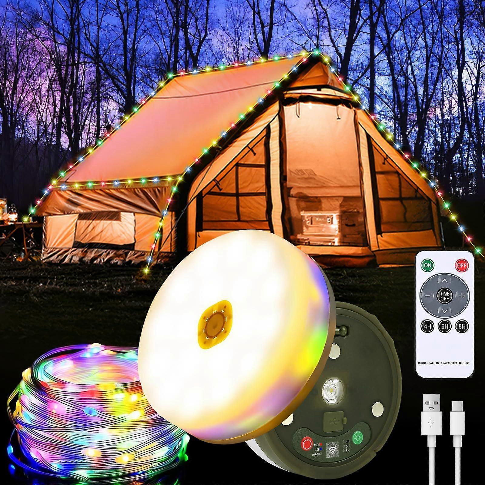 10M Portable Camping Light with 7 Light Modes, Rechargeable Camping String Lights, IP44 Waterproof, with Remote Control