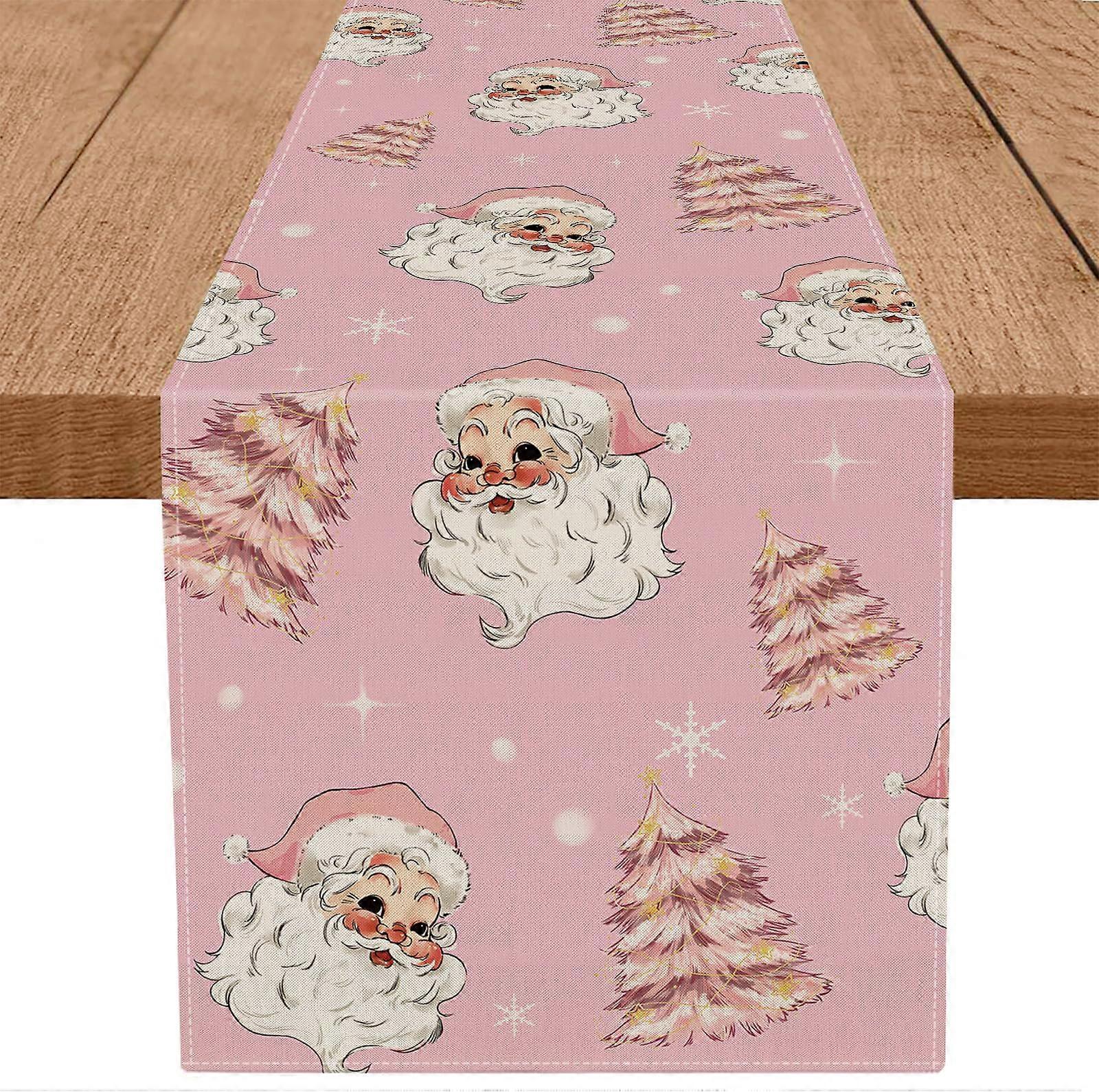 Christmas Table Runner Pink Santa Snowflake 13x72 Inch Durable Polyester Holiday Dining Decor