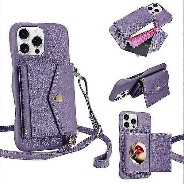 Litchi Texture Horizontal Card Pocket Phone Case with Long Lanyard Purple For compatible with iPhone 16 Plus