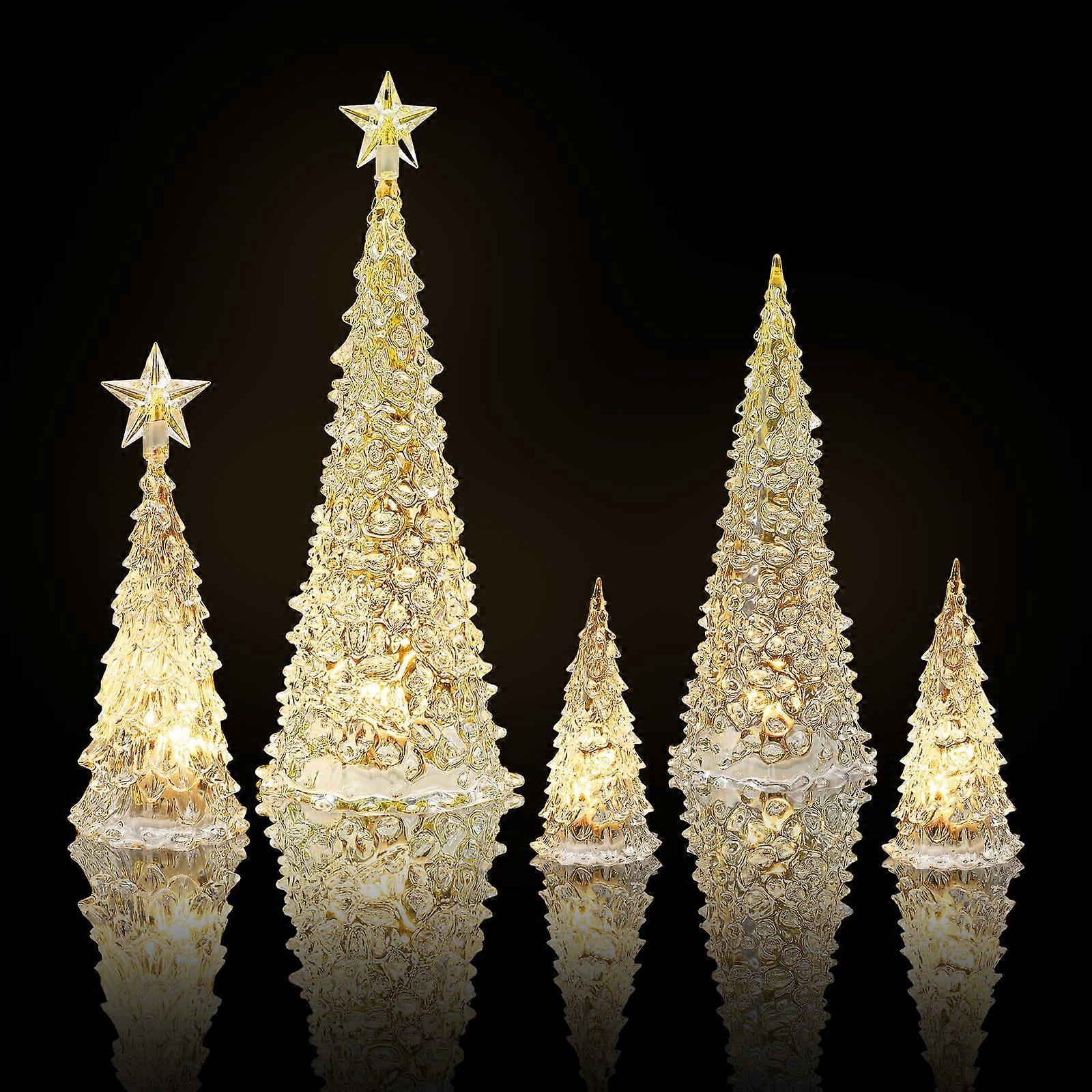 Set of 5 LED Acrylic Tabletop Christmas Trees with Warm Glow, Battery Powered Holiday Decor