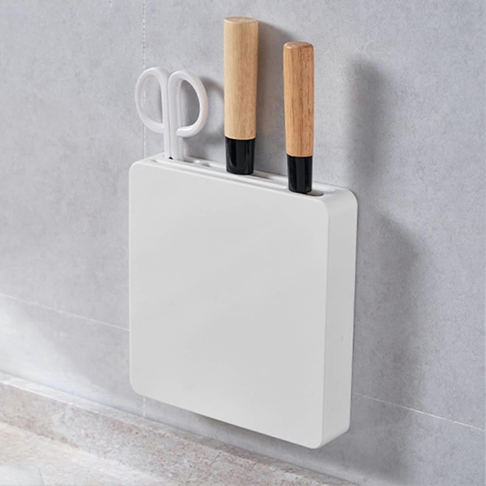 Wall Mounted Magnetic Knife Holder and Scissors Rack, No Drilling, Space Saving Kitchen Organizer White