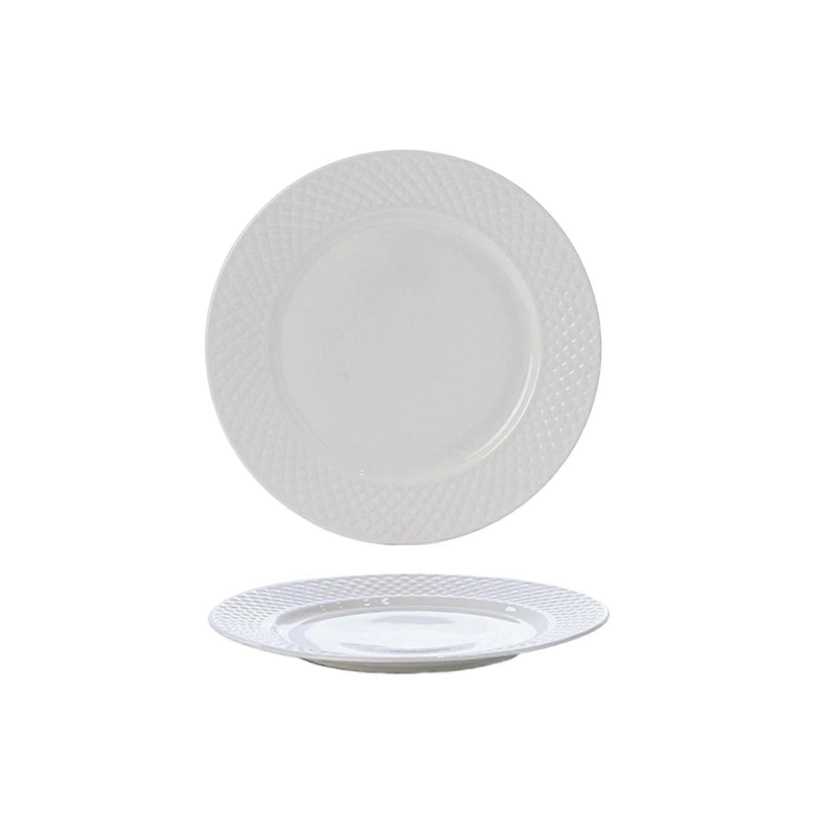 8 Inch Bone China Dinner Plate Embossed Flat Design  Temp Microwave Dishwasher Safe